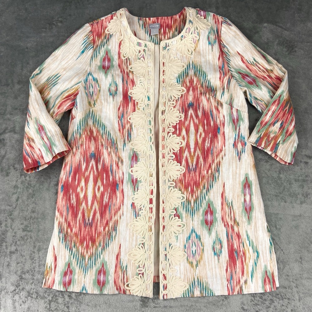 Chico's Jacket Womens 2 (US 12-14) Soutache-Trimmed Linen Topper Open Front Ikat